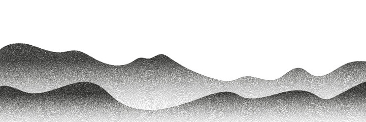 Grayscale vector halftone dots background with a fading dot effect, resembling a abstract mountain landscape. Black noise dots, a sand grain effect, and grunge banner for an abstract, textured pattern