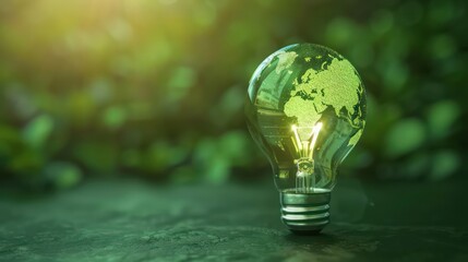 Green World Map On The Light Bulb With Green Background, Renewable Energy Environmental Protection, Renewable, Sustainable Energy Sources. Environmental Friendly. Renewable Energy