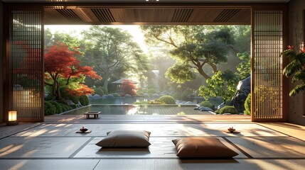 Harmonious Japanese Tea House in Soft Morning Light, generative ai