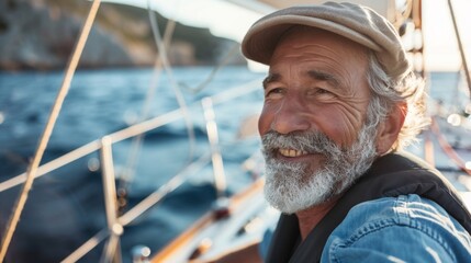 Portrait of a ship captain on boat in sea.