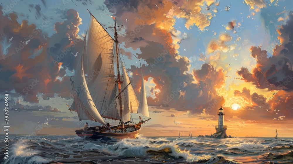 Wall mural A vintage sailing ship with a lighthouse in sea at sunset - Wall murals