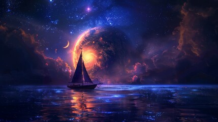Sailing ship in sea water with giant moon.