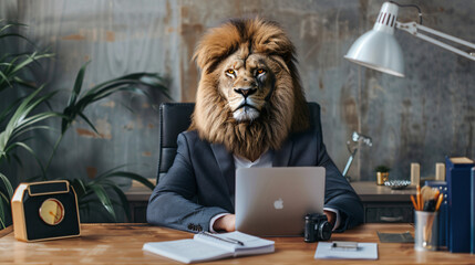 Concept of a lion in a suit at a desk in the office

