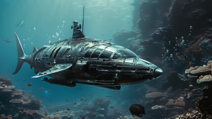 Underwater, a submarine shaped like a shark glides past sunken treasures, its fins articulated with hydraulic precision, draw concept