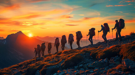 Group of people hiking up a mountain at sunset - Powered by Adobe