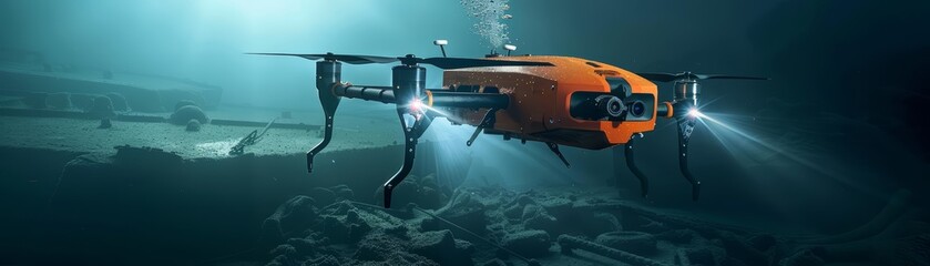 Underwater drones equipped with highresolution cameras open new possibilities for exploring sunken ships and retrieving relics from the ocean depths, science concept - obrazy, fototapety, plakaty