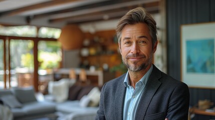 Fototapeta premium Smiling Professional Man in Modern Home Interior