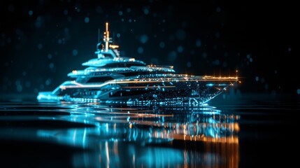 Glowing 3D model of luxury yacht.