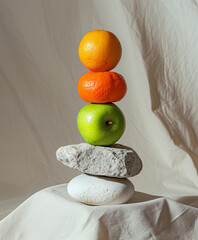 tasty and healthy fresh fruits balancing on each other, orange and apples full of vitamins and antioxidants