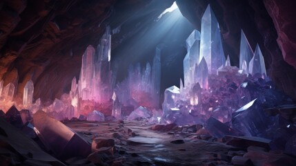 Ethereal crystal cave illuminated by vibrant, otherworldly colors in a digital artwork - obrazy, fototapety, plakaty