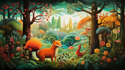 Enchanting woodland scene with cunning fox and lush vibrant foliage - obrazy, fototapety, plakaty