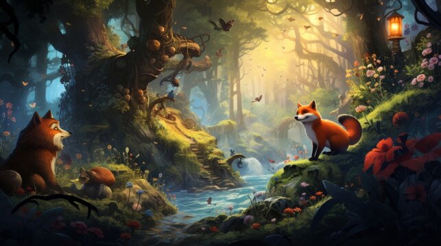 Enchanting woodland scene with cunning fox and lush vibrant foliage