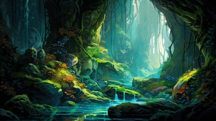 Mystical cavern scene with sunlight filtering through lush greenery and tranquil water