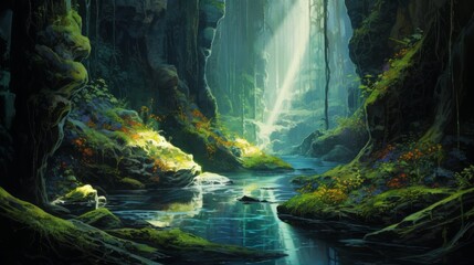 Mystical cavern scene with sunlight filtering through lush greenery and tranquil water