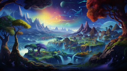 Fantasy dreamscape with ethereal trees and swirling skies over mystical landscapes