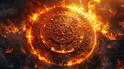 Fiery Aztec calendar motif engulfed in flames and sparks, representing ancient mystical and historical concepts