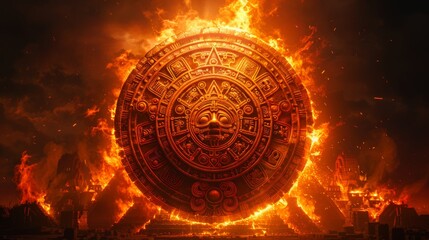 Fiery Aztec calendar motif engulfed in flames and sparks, representing ancient mystical and historical concepts