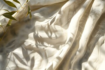 Closeup of beige linen drapes with morning sunlight casting leaf shadows. Concept Home Decor, Natural Lighting, Beige Linen, Leaf Shadows, Closeup Shots