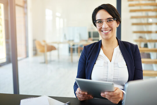 Portrait, tablet and woman in office, glasses and confidence for project, editor and corporate. Public relations, review and proofreading of articles, technology and online for company and web