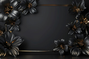 A vector frame adorned with futuristic florals in jet black and metallic gold, set against a glossy black backdrop, gleaming under pristine studio lighting.