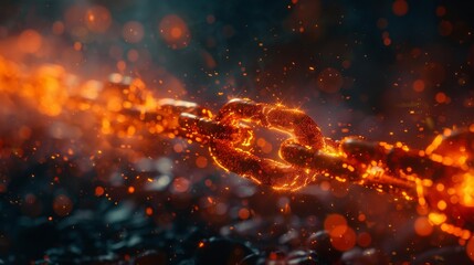 Fototapeta na wymiar Glowing fiery chain shattering into fragments against a dark, smoky background