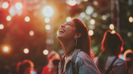 A person laughing with friends at a lively outdoor concert. Happiness, love, health, freedom