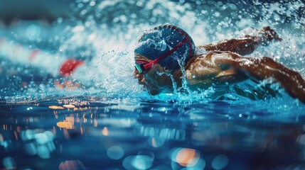 An athlete swimming in water with water splash in pool