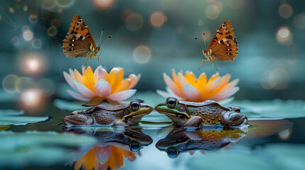 Fototapeta na wymiar a pair of frogs on lily pads with butterflies' overhead