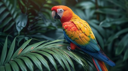 Fototapeta premium Vivid Jungle Scene with Colorful Parrot on Green Fern, generative ai