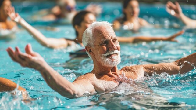 Portrait of senior male having group aqua training class in gym