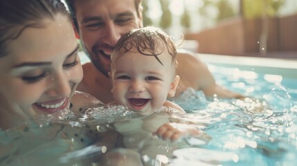 Dad mom and smiling baby in swimming pool.