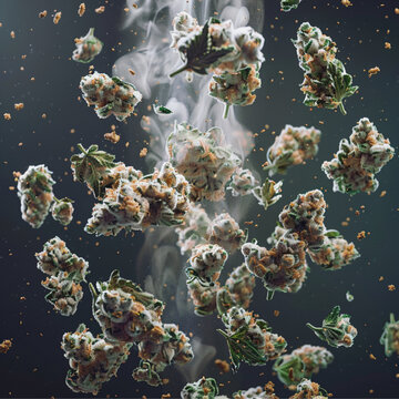  frosted cannabis nugs floating in the air, motion blur, blank background