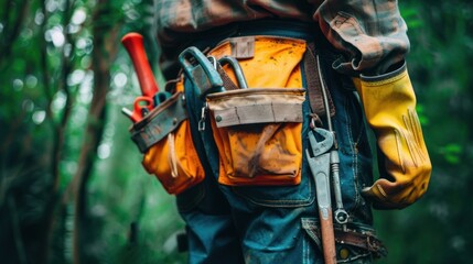 Fototapeta premium Close-up of a worker with a tool belt in a forest setting.
