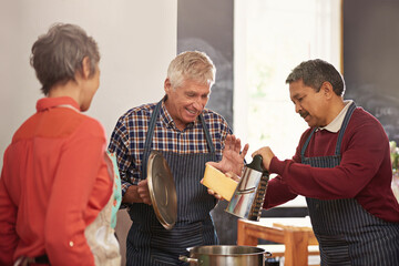 Cooking, friends and senior people in kitchen learning recipe for healthy diet, nutrition and wellness. Culinary, retirement and men and women with ingredients, vegetables or food for dinner together