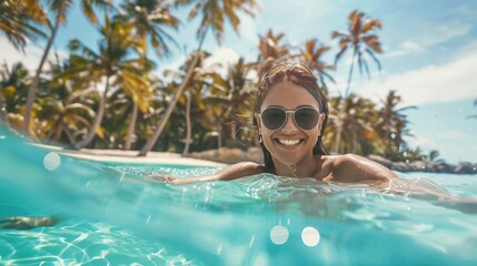 Portrait of a smiling female swimmer in water in pool