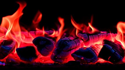 Charcoal briquettes ablaze in a grill, vibrant flames, and barbecue concept. - obrazy, fototapety, plakaty