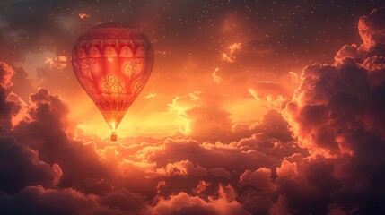 Fiery sunset skies with an ornate hot air balloon floating amidst lofty clouds