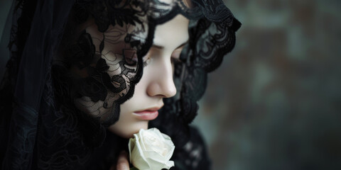 Sad Young Woman Holding White Rose