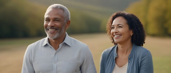 Obraz premium Happy African American mature couple in a defocused landscape at sunset