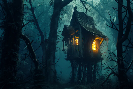 Creepy Witch Hut in Dark Forest at Night