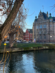 Canal in the center of Strasbourg, Alsace, France. View from the flowers view in a beautiful spring day