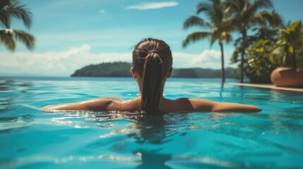 Woman relaxing in infinity pool with tropical ocean view, palm trees in the background.