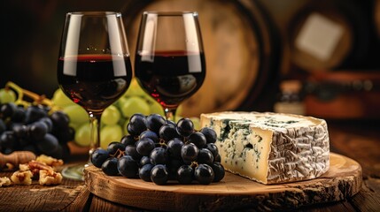 Delight in the flavor dance between a robust cabernet sauvignon and a sharp blue cheese. - obrazy, fototapety, plakaty