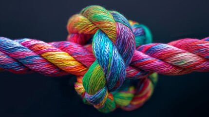 Intricate dance of intertwined colorful ropes, close-up and textured
