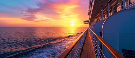 Sunset view from a cruise ship deck with reflections on the water.