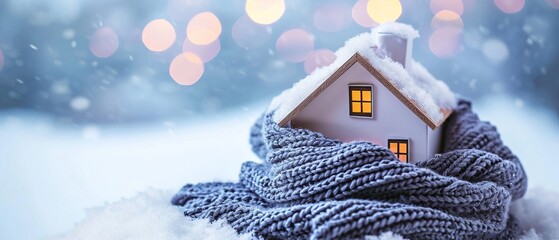 Cozy miniature house wrapped in a scarf against a snowy backdrop with warm glowing windows and...