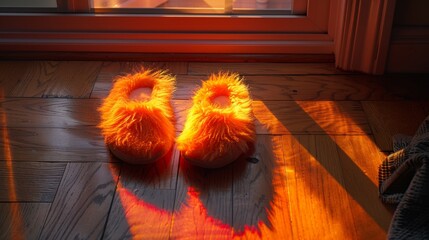 Cozy orange fuzzy slippers basking in the warm glow of sunset indoors