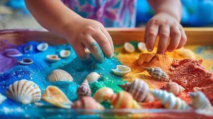 Child's Playful Discovery with Colorful Sand and Seashells