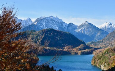 Bavarian Alps with Lake and Autumn Colors with Tree in Left Foreground