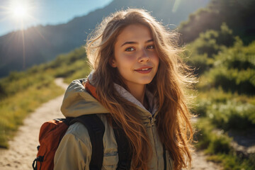 Mountainous area.A tourist, a beautiful girl, smiling. The evening sun is shining.There is a tent in the background.
